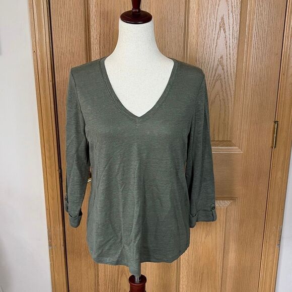 Chico’s Green V-Neck 3/4 Sleeve Linen Top Size 1 US Medium - Picture 2 of 7